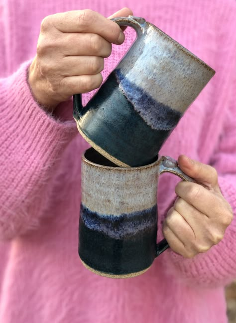 Handmade blue pottery mugs (by me!). 16oz. Male Pottery Aesthetic, Amaco Glaze Combinations, Pottery Glaze Ideas, Pottery 101, Fall Mugs, Handmade Ceramic Mugs, Glaze Ideas, Handcrafted Pottery, Diy Mugs