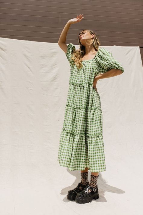 green + cream gingham // maxi length, puff sleeve, tiered skirt, elastic scoop neckline 
model is 5'8" + wearing a size small Green Gingham Dress Outfit, Gingham Dress Outfit, Green Gingham Dress, Daily Dress Me, Uni Fashion, Recycled Outfits, Olive Clothing, Millennials Fashion, Mum Fashion