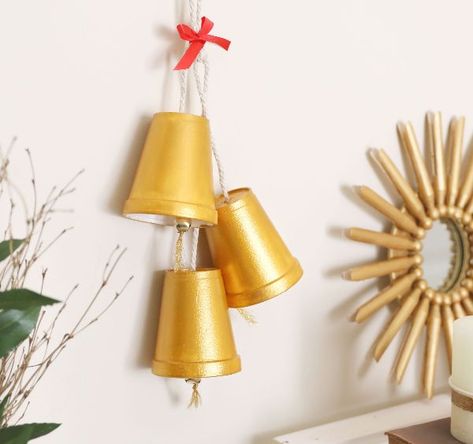 How to make a bell with a Styrofoam cup Christmas Bell Decorations, Craft Bells, Twine Crafts, Metallic Gold Paint, Boy Haircuts, Styrofoam Cups, Bell Decorations, Christmas Carnival, Cup Crafts