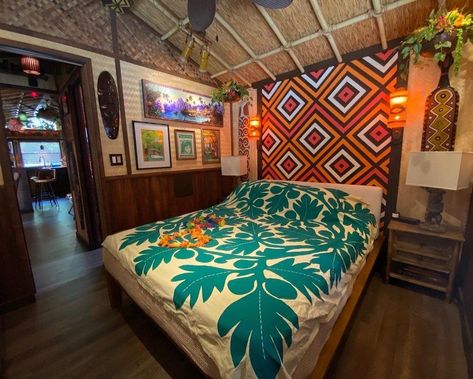 TRIP REPORT: Check out our report from our stay at The Mananui, a tiki-themed Airbnb located near Walt Disney World: Polynesian Themed Bedroom, Disney Tiki Room Decor, Enchanted Tiki Room Decor, Tiki Bedroom Ideas, Tiki Living Room, Polynesian Bedroom, Tiki Bedroom, Tiki Room Decor, Themed Airbnb