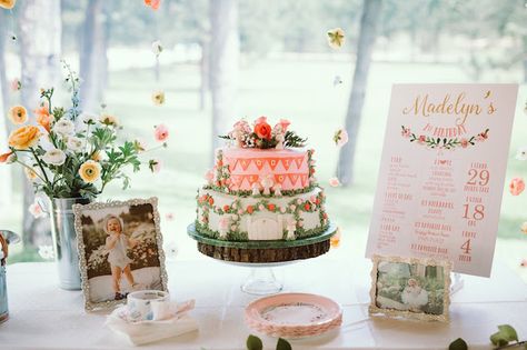 Floral Garden Cake, 1st Birthday Garden Party, Flower Garland Backdrop, Rose Banner, Flower Favors, Wildflower Birthday Party, Rustic Wood Shelf, Birthday Garden Party, Spring Birthday Party