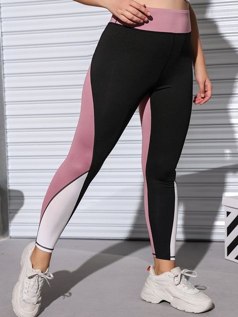 Multicolor    Polyester Colorblock Sports Leggings  High Stretch  Women Plus Activewear Outfits For Work, Outfit 2022, Plus Size Spring, Chubby Fashion, Plus Size Outfit, Fashion Plus Size, Plus Size Fashion For Women, Wide Waistband, Sports Leggings