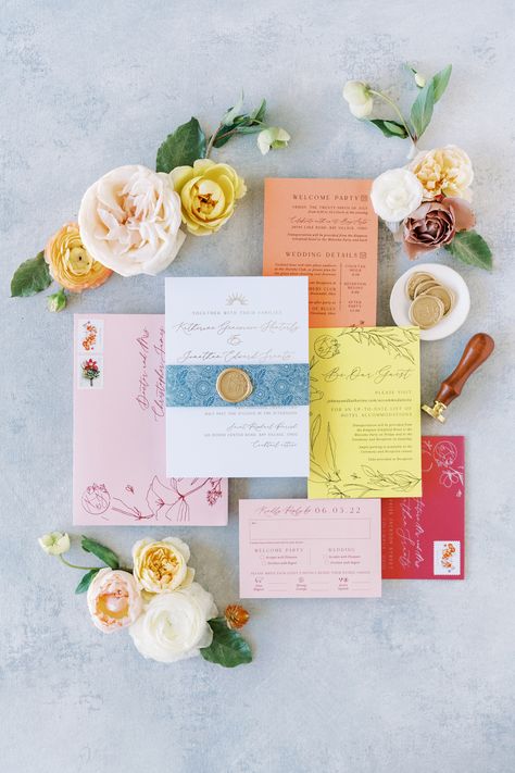 What could be more fun than a bright and colorful invitation suite? Nothing says summer like bold colors and unique design! With a seasonally-driven color palette and the use of unique materials and finishes, you can easily create a striking and memorable experience for your special summer event. Orange Wedding Invitations, Bright Wedding Colors, Unique Wedding Stationery, Colorful Wedding Invitations, Floral Wedding Invitation Suite, Modern Wedding Stationery, Gold Foil Wedding Invitations, Colorful Invitations, Summer Wedding Invitations