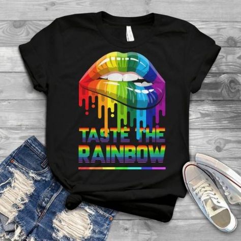 The "TASTE THE RAINBOW" T-shirt is a perfect addition to your pride outfit! Show off your pride with this vibrant graphic tee, ideal for any pride parade or event. Made for gay and proud individuals, this shirt is a stylish and empowering choice. Tshirt Prints, Pride Ally, Lgbt Support, Pride Stuff, Rainbow Lips, Lips Shirt, Gay Pride Shirts, Gay Outfit, Lgbt T Shirts