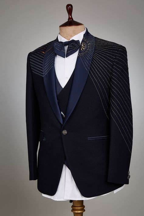 Buy Midnight Blue Bead Embroidered Jute Tuxedo Suit Online | Samyakk Gents Clothes, Reception Suits, Men Suit Fashion, Suit For Men Wedding, Suit Styles, Marriage Ideas, Groom Dress Men, Stylish Mens Suits, Indian Groom Wear