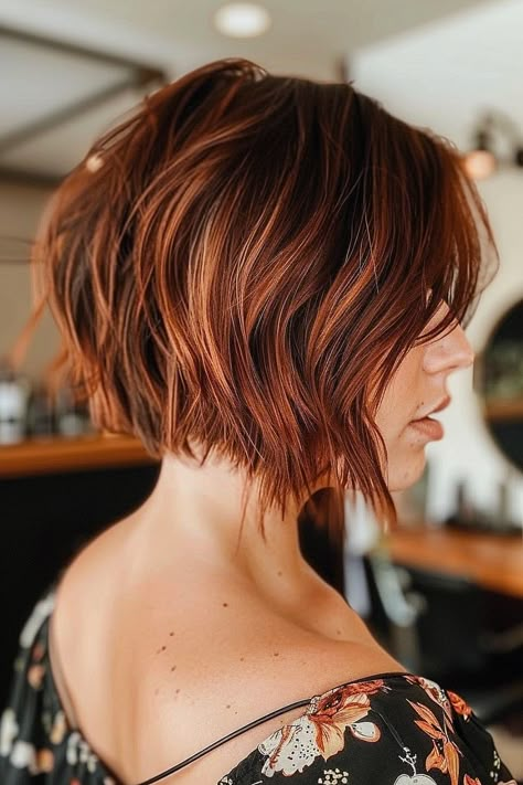 Inverted Bob Haircuts: 25 Styles That Are Taking Over 2024 Short Hair Copper Highlights, Medium Length Inverted Bob With Layers, Messy Inverted Bob, Inverted Pixie Bob, Bob With Red Highlights, Copper Bob Hair, Copper Bob, Inverted Bobs, Shoulder Length Bob Haircut