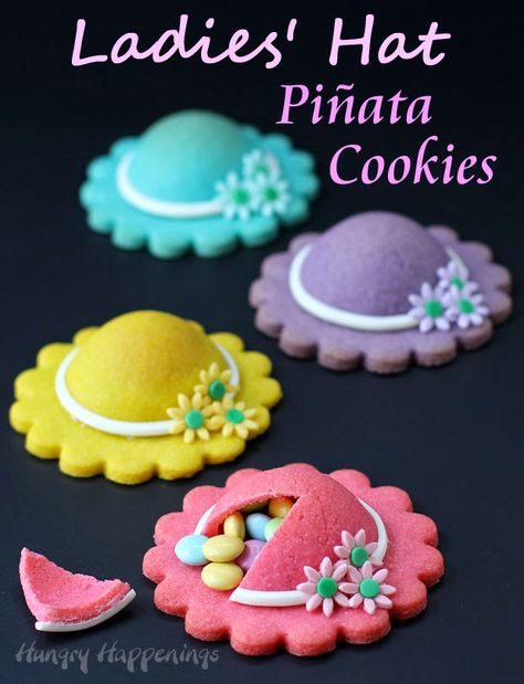 These Ladies' Hat Piñata Cookies will make a lovely dessert for Mother's Day, a Kentucky Derby Party, or even a bridal shower. Piñata Cookies, Pinata Cookies, Colored Cookies, Dessert Original, Hat Cookies, Ladies Hats, Edible Crafts, Tea Party Food, Ladies Hat