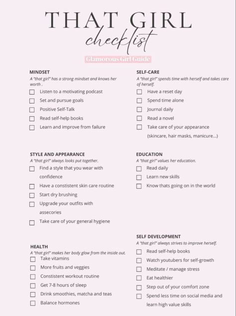 It Girl List, That Girl List, Daily Self Care Checklist, To Do List Ideas, Room Checklist, Beauty Routine Checklist, Workouts For Teens, Self Care Bullet Journal, Life Routines