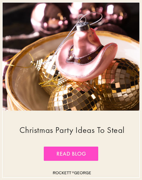 A thumbnail for a blog titled 'Christmas Party Ideas To Steal', with the CTA 'Read Blog' and the Rockett St George logo. Rocket St George, Christmas Party Ideas, Christmas Cocktail Party, Romantic Candlelight, Rockett St George, Gold Mirror Wall, Hosting Christmas, Glitter Party, Tree Garland