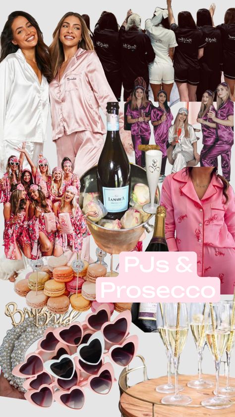 Pjs Polaroids And Prosecco, Pj’s And Prosecco Party, Comfy Bachelorette Party, Prosecco Party Ideas, Bach Pj Party, Pjs And Processo Theme, Pjs And Prosecco Aesthetic, Pajama Bachelorette Party Ideas, Bachelorette Outfit Theme Ideas