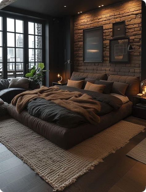 Men’s Cozy Bedroom, Neutral Masculine Bedroom Ideas, Black Room With Accent Wall, Slate Gray Bedroom Ideas, Dark Men’s Bedroom, Bachelor Pad Minimalist, Wood Slate Bedroom Wall, Interior Design Male Bedroom, Black And Wood Interior Design Bedroom