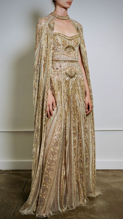 Dorne Inspired Dresses, Gold Dress With Cape, Gold Fantasy Dress, Fantasy Formal Wear, Cape Aesthetic, Look Gatsby, Cucculelli Shaheen, Cape Outfit, Mode Hippie