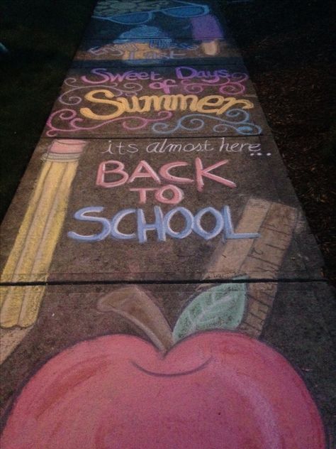 Back to School sidewalk chalk School Sidewalk Painting, Sidewalk Chalk Art Back To School, 1st Day Of School Chalk Art, First Day Of School Chalk Art, First Day Of School Sidewalk Chalk Ideas, Back To School Sidewalk Chalk Ideas, Back To School Sidewalk Chalk, Chalk The Walk Ideas Back To School, Back To School Chalk Art