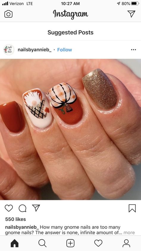 Thanksgiving Nails Fall Square, Fall Plaid And Leaf Nails, Gnome Thanksgiving Nails, Gnome Nail Designs Fall, Thanksgiving Nail Designs Short, Fall Deer Nails, Thanksgiving Nails Art, Scarecrow Nails Fall, Fall Gnomes Nails