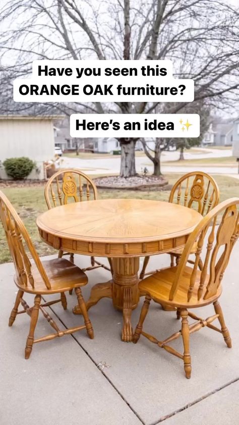 Lauren Hull | furniture flipping teacher | Transform your Kitchen Table set ✨ Here’s some inspiration and a how-to for your old outdated orange and oak furniture. This type of… | Instagram Refurbished Kitchen Tables, Painted Dining Room Table, Oak Table And Chairs, Refurbished Table, Old Kitchen Tables, Refinished Table, Kitchen Table Oak, Dining Room Table Makeover, Painted Kitchen Tables