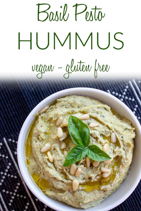 Basil Pesto Hummus (vegan, gluten free) - This easy healthy recipe takes minutes to make, is cheaper than store bought, and you control the ingredients! #hummus #basilpestohummus Basil Pesto Hummus, Pesto Hummus, Hummus Ingredients, Hummus Recipe Homemade, Gluten Free Brands, Dessert Hummus, Vegan Lunch Recipes, Finger Foods Easy, Easy Snack Recipes