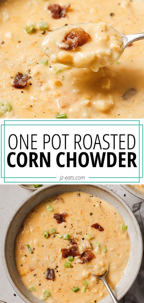 This super tasty Roasted Corn Chowder recipe is all made in one pot and perfect when you're craving a big pot of hearty and savory soup. Roasted Corn Chowder, Savory Soup Recipes, Kid Friendly Vegetarian Recipes, Corn Chowder Recipe, Creamy Corn, Soup Recipes Chicken Noodle, Roasted Corn, Vegetable Soup Recipes, Corn Chowder