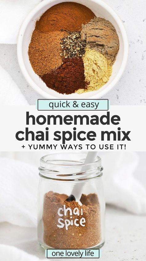 Chai Spice Mix - Learn how to make chai spice mix with our easy recipe! Add it to drinks, baked goods, and so much more. Don't miss all our favorite ways to use it in the post! (Naturally vegan, paleo, Whole30) // DIY Chai Spice // Homemade Chai Mix // Homemade Spice Blend // Chai Spice From Scratch// #chaispice #chai #fromscratch Chia Spice Blend, Homemade Chai Mix Recipe, Chai Seasoning Blend, How To Make All Spice, Diy Chai Spice Blend, Chai Blend Recipe, Chia Spice Recipe, Chai Tea Spice Blend, Homemade Chai Spice Blend