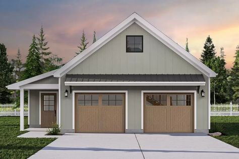 This 2-car detached garage has an 8' by 8' covered stoop and two garage bays giving you a combined 890 square feet of space inside. There is shop space along the left side with a built-in bench in back. Stairs take you to walk-up storage above the garage. We can modify any house plan you see on our site. Learn more about  modifications . Detached Garage With Storage, Detached Garage With Shop, Detached Garage With Lean To, Garage Building Plans Detached, 2.5 Car Garage, Detached Shop Garage, 2 Car Garage With Workshop, 2 Car Detached Garage Designs, 2 Car Garage Plans Detached