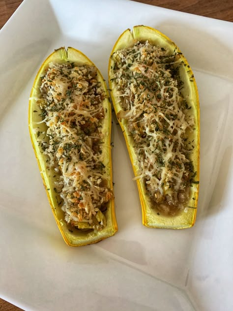 Stuffed Yellow Squash, Stuffed Squash Healthy, Big Yellow Squash Recipes, Long Squash Recipes, Yellow Squash And Hamburger Recipes, Yellow Zucchini Recipes Healthy, Straight Neck Squash Recipes, Zucchini Yellow Squash Recipes, Chicken Stuffed Squash