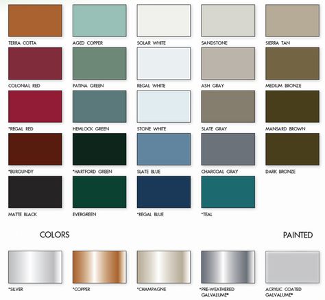 Metal Roofs Color Chart | Metal Roof Color Chart from Armor Metal Roofing Farmhouse Exterior Colors, Exterior Siding Colors, Exterior House Siding, Metal Roof Colors, Exterior House Renovation, Roof Paint, Roof Ideas, Exterior House Remodel, Farmhouse Renovation