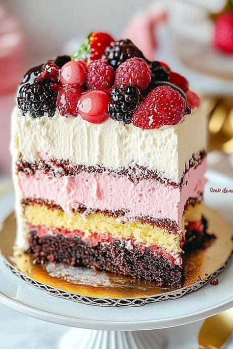 Neapolitan cake is a stunning dessert that showcases three delightful layers of vanilla, strawberry, and chocolate cake. Each layer is uniquely flavored and beautifully colored, making it the perfect centerpiece for birthdays and celebrations. This easy-to-follow recipe brings together rich tastes and vibrant aesthetics, ensuring a memorable treat for any occasion. Neapolitan Cake Recipe, Strawberry Oreo Cake, Vanilla Cake Aesthetic, Cherry Cake Design, Neapolitan Aesthetic, Unique Cake Flavors, Strawberry And Chocolate Cake, Neopolitan Cake, Neapolitan Cake