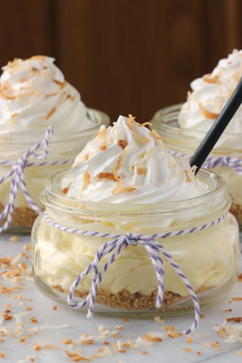 Pina Colada Dessert Cups | Cooking on the Front Burner #dessert #pinacolada Pina Colada Dessert, Pudding Cup Desserts, Dessert Items, Dessert In A Jar, Tiny Treats, Cookie Cups, Food Club, Mini Cheesecakes, Baked Dessert Recipes