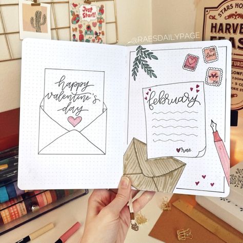 February Bullet Journal | Love Letters Theme - Rae's Daily Page Letter Journal Ideas, Love Letter Journal, Letter Journal, Bullet Journal Work, February Bullet Journal, Bullet Journal Set Up, Creating A Bullet Journal, Bullet Journal Cover Ideas, Bullet Journal Mood Tracker Ideas