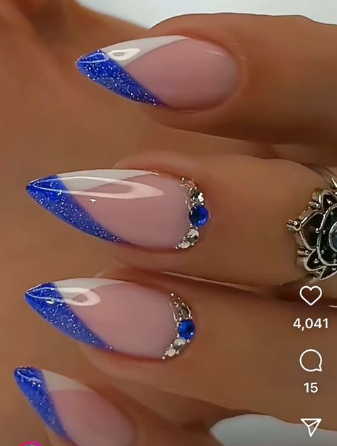 Teal Color Nails Designs, Engagement Nails Blue, Sapphire Nail Ideas, Blue Cross Nails, Almond Nails Blue Design, Almond Acrylic Nails Blue, Royal Blue Almond Nails Design, Blue Glass Nails, White And Blue French Tip Nails