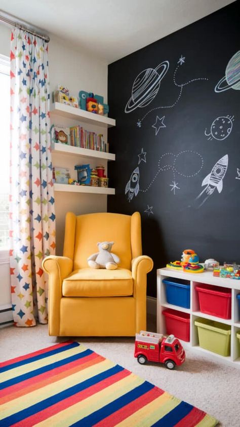 Vibrant nursery with a space-themed chalkboard wall, rainbow accents, and a cheerful yellow chair. Vibrant Nursery, Primary Color Nursery, Wall Rainbow, Baby Boy Nursery Ideas, Boy Nursery Ideas, Nursery Idea, Toddler Boy Room Decor, Colorful Playroom, Childrens Bedroom Decor