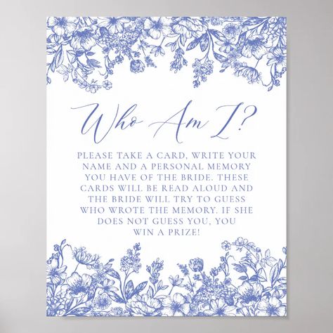 Blue Floral Who Am I Bridal Shower Game Sign Something Blue Bridal Shower Theme, Blue Bridal Shower Decorations, Blue Bridal Shower Themes, Backyard Bridal Showers, Wedding Shower Themes, Bridal Shower Inspo, Something Blue Bridal, Bridal Shower Themes, White Bridal Shower