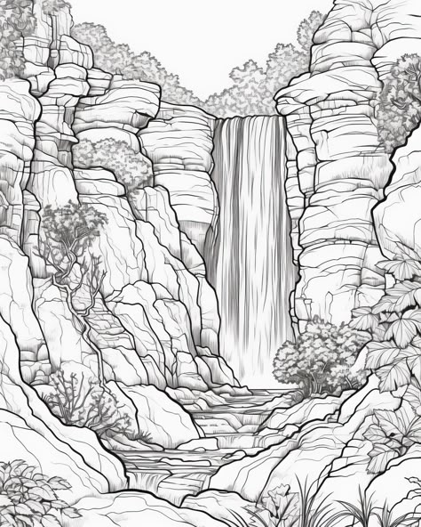 Pencil Art Drawings Realistic Landscape, Scenic Coloring Pages For Adults, Cabin Coloring Pages, Waterfall Coloring Pages, Coloring Pages Landscape, Cool Coloring Pages For Grown Ups, Scenery Coloring Pages, Waterfall Sketch, Nature Coloring Pages