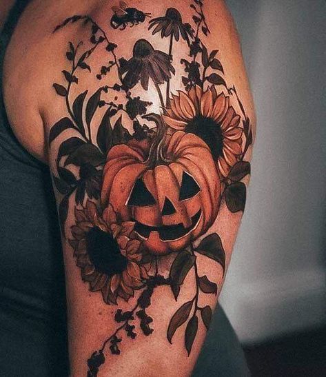 Halloween Themed Thigh Tattoos, Female Halloween Tattoos, Halloween Tattoo Women, Halloween Witch Tattoo Ideas, Spooky Shoulder Tattoos For Women, Halloween Theme Sleeve Tattoo, Spooky Fall Tattoos, Cute But Spooky Tattoos, Large Halloween Tattoo