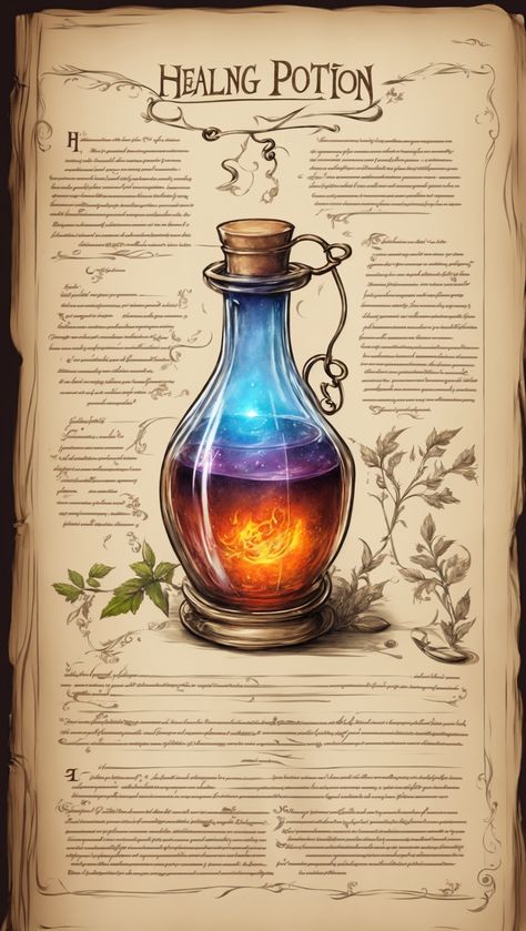 Magic Potions healing potion recipe written on the old page of 0 Healing Potion Recipe, Enchanted Items, Potion Ingredients, Tincture Bottles, Magic Inspiration, Healing Potion, Old Page, Potions Recipes, Magic Potions