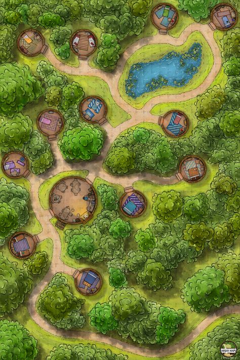 Dnd Settlement Map, Encampment Battlemap, Dnd Village Map Forest, Dnd Forest Village, Dnd Maps Village, Forest Map Illustration, Dnd Stage Map, Forest Village Map, Forest Village Fantasy Art