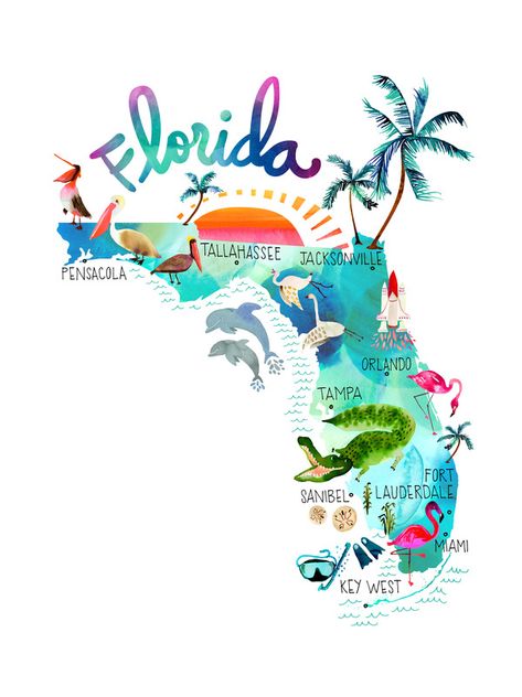 In 2012, I painted my first map. I wanted to capture the beauty of each state in watercolor details. Each map is first hand painted in my signature style. Pair this Florida map with a gorgeous potted plant or hanging vine to complete the look. Florida Map Printable, Florida Map Illustration, Florida Clip Art, Florida Drawing Ideas, Florida Clipart, Florida Collage, Florida Drawing, Florida Illustration, Florida Map Art