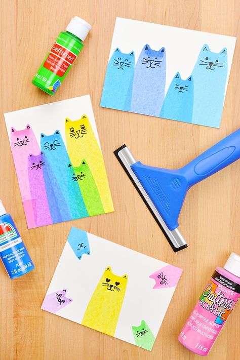 Cat squeegee painting is SO MUCH FUN! These cat scrape paintings are super easy to make and such a great painting craft for kids of all ages. Add a line of acrylic paint onto a piece of paper and use a squeegee to transform it into an adorable cat! All you need is paper, paint, and something to scrape the paint with! Squeegee Painting, One Little Project, Painting Crafts For Kids, Scrape Painting, Art Camp, Easy Art Projects, Cool Art Projects, Elementary Art Projects, Homeschool Art