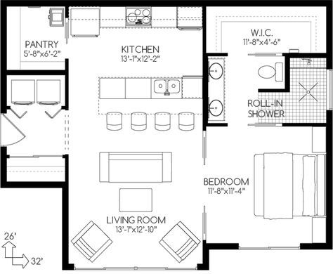 Empty nesters' house: Plan No.580762 House Plans by WestHomePlanners.com Pantry and perfect bathroom in small plan Empty Nester House Plans, Small House Floor Plans, Tiny House Floor Plans, Casas Coloniales, Cottage Plan, Custom Home Designs, Cabin Plans, Cabins And Cottages, Kitchen Faucets