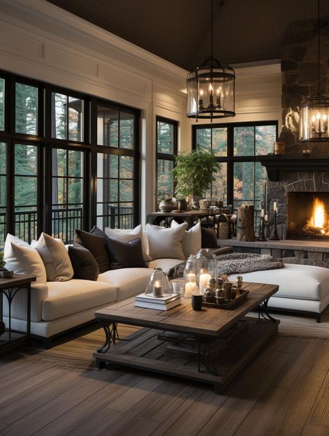 Dark Accent Interior Design, Black Country House Interior, Cozy Living Rooms Black And White, Transitional Mountain House Interior, Black Windows White Walls, Living Room With Floor To Ceiling Window, Decorating With Vaulted Ceilings, Cozy Black And White Living Room, Dark Living Room Floors