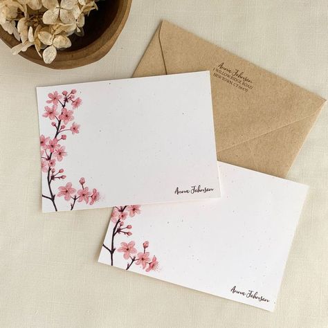 Pink Cherry Blossom Note Cards. Floral Personalized Stationery. Eco Friendly Gifts. Set of 10. Note Card Sets Handmade, Fancy Envelopes, Life Essentials, Teachers Day Card, Paper Wall Hanging, Pink Cherry Blossom, Creative Birthday, Envelope Art, Watercolor Ideas