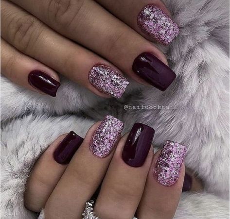 Cute Acrylic Nail Designs For Winter, Flashy New Years Nails, Funky Elegant Nails, Plum Purple Nails Designs, Black Purple Orange Nails, Dip Nail Designs New Years, Black And Pink Christmas Nails, Winter Glitter Nails Acrylic, February Gel Nail Colors