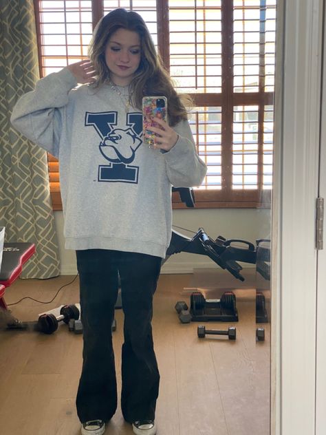 yale sweatshirt, black bootcut jeans, converse Bootcut With Converse, Yale Hoodie Outfit, Yale Merch Aesthetic, Yale Hoodie Aesthetic, Yale Sweatshirt, Yale University Sweatshirt, Vintage Yale Sweatshirt, Black Bootcut Jeans, Jeans And Converse