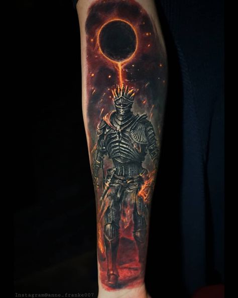 Small Dark Souls Tattoo, Dark Sun Tattoo, Knights Tattoo, Soul Of Cinder, Dark Souls Tattoo, Dark Mark Tattoos, Sif Dark Souls, Stained Glass Tattoo, Embrace The Darkness