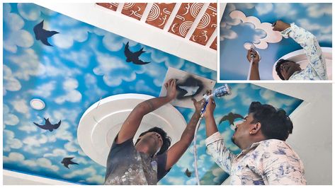 Design Painting Wall, Ceiling Paint Design, Blue Ceiling Paint, Asian Paints Wall Designs, Sky Blue Paint, Painting Ceiling, Structure Paint, Sky Textures, Sky Ceiling