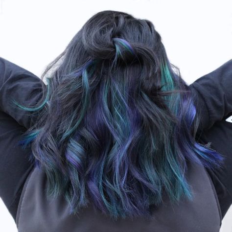 Vivid Color Hair, Peacock Hair Color, Hair Color Placement, Blue Hair Highlights, Peacock Hair, Vivid Hair Color, Peekaboo Hair, Books Open, Hair Specialist