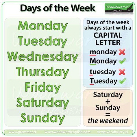 Days of the Week in English: Monday, Tuesday, Wednesday, Thursday, Friday, Saturday, Sunday. (Saturday + Sunday = the weekend) #ESL Days In English, Gruffalo Activities, Woodward English, English Flashcards, English Day, Monday Tuesday Wednesday Thursday Friday, Vocabulary Exercises, Primary English, English Teaching Materials