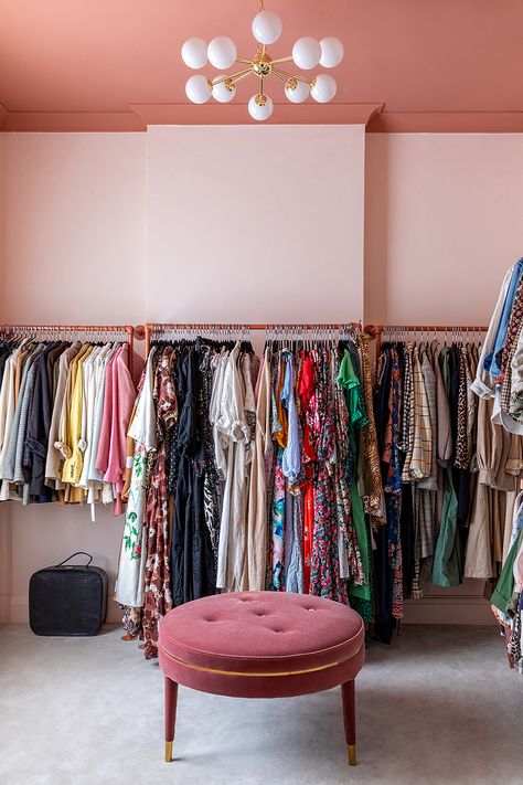 Closet Organization Ideas from London It Girl Rachel Stevens’s Candyland Space Closet Organized, Rachel Stevens, Closet Organization Ideas, Dream Furniture, Contemporary Wardrobe, Velvet Ottoman, Custom Made Clothing, Room Closet, Walk In Wardrobe