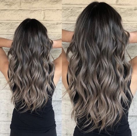 Dark Ash Highlights On Dark Hair, Smokey Balayage Brunettes, Black Hair Transformation Balayage, Ash Blonde Hair Ombre, Dark Hair Ash Balayage, Ashy Blonde Babylights On Dark Hair, Ash Babylights On Dark Hair, Short Ash Hair, Dimensional Brunette Blonde