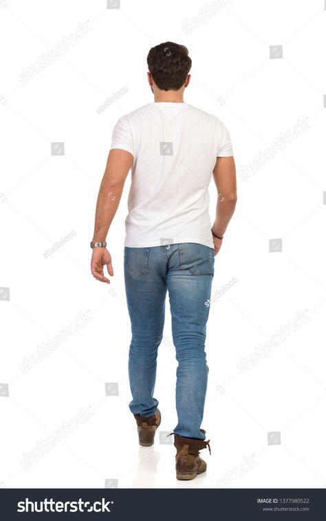 Man in jeans and white t-shirt is walking. Rear view. Full length studio shot isolated on white. #Ad , #Ad, #shirt#walking#Rear#Man Business Icons, Business Icons Design, Blue T Shirt, Icons Design, Blue Tshirt, White T Shirt, Rear View, Left Hand, White Tshirt