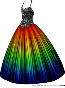 A sleeveless ballgown with a black bodice and a sweetheart neckline. The bodice is covered with rhinestones in varying sizes and patterns. The skirt is floor-length, full and bell-shaped, and the colors on it go in a rainbow pattern, from red near the waist, then orange, yellow, green, blue and purple at the hem. There is a pattern of black lines over the fabric, giving it a dramatic look. Rainbow Prom Dress, Rainbow Wedding Dress, Sparkly Prom Dress, Rainbow Wedding, Colorful Dress, Rainbow Fashion, Cute Prom Dresses, Rainbow Dress, Pageant Dress